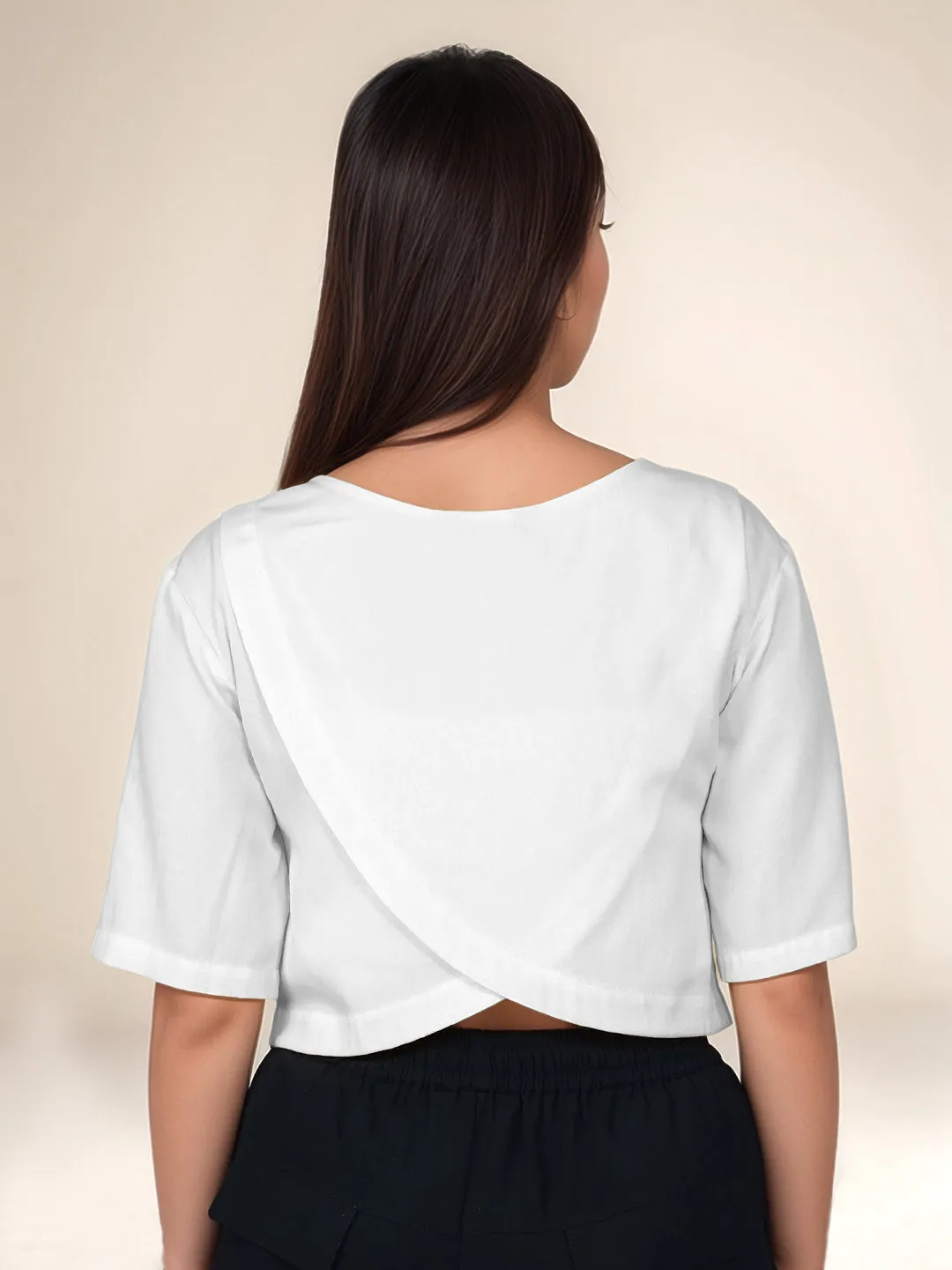 White Solid Round Neck Crop Top