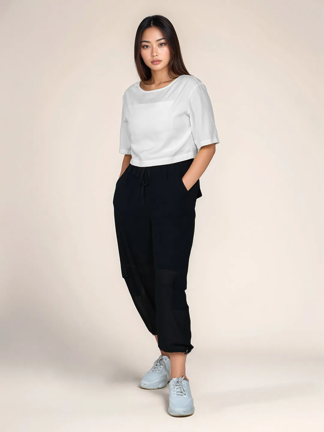White Solid Round Neck Crop Top