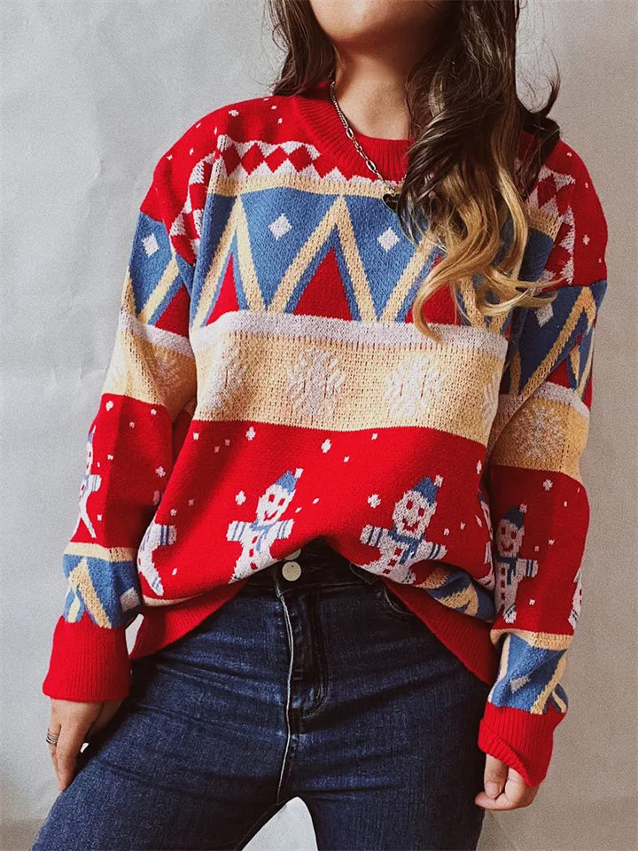 Winter Christmas Style Lovely Cartoon Snowman Print Pullover Wool Sweater for Women