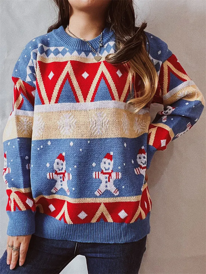 Winter Christmas Style Lovely Cartoon Snowman Print Pullover Wool Sweater for Women