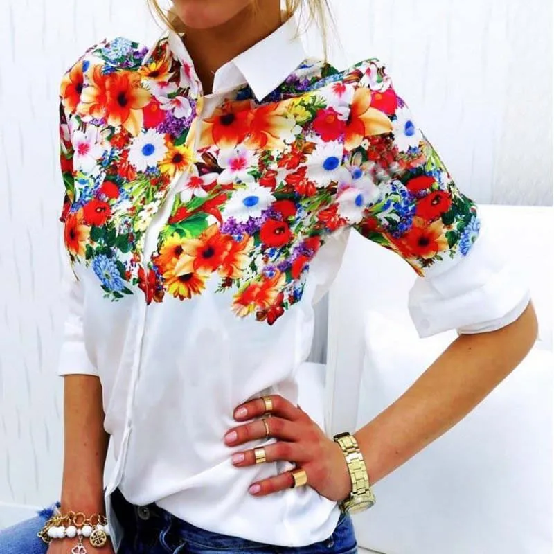Women Chiffon T Shirts Print Floral White Turn-Down Collar Full Sleeve Casual OL Style