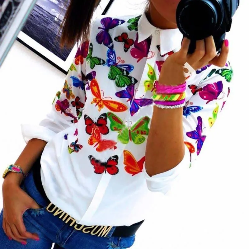 Women Chiffon T Shirts Print Floral White Turn-Down Collar Full Sleeve Casual OL Style