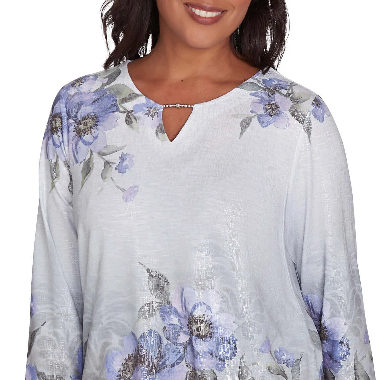 Women's Beaded Split Neck Floral Shimmer Top - 72454
