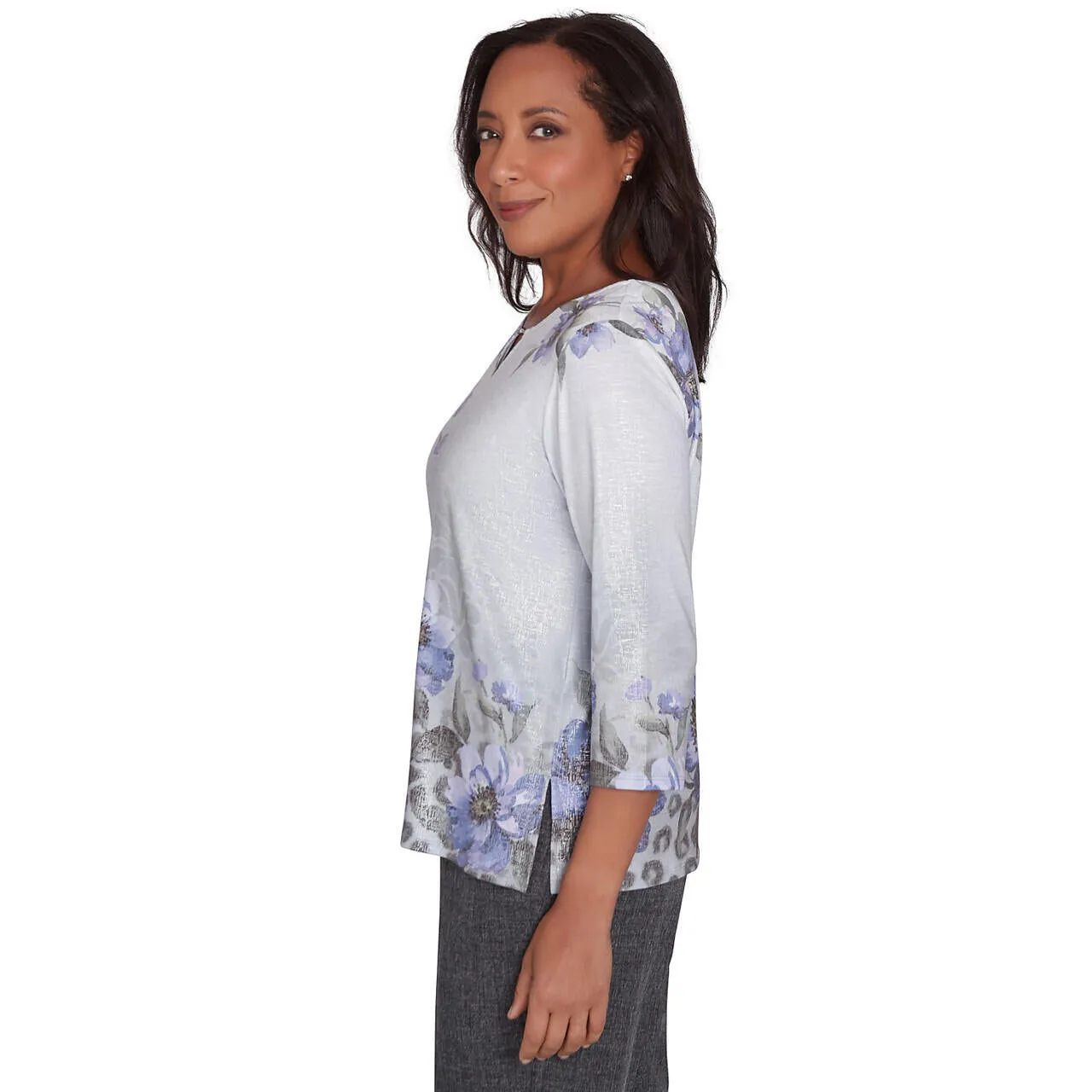 Women's Beaded Split Neck Floral Shimmer Top - 72454