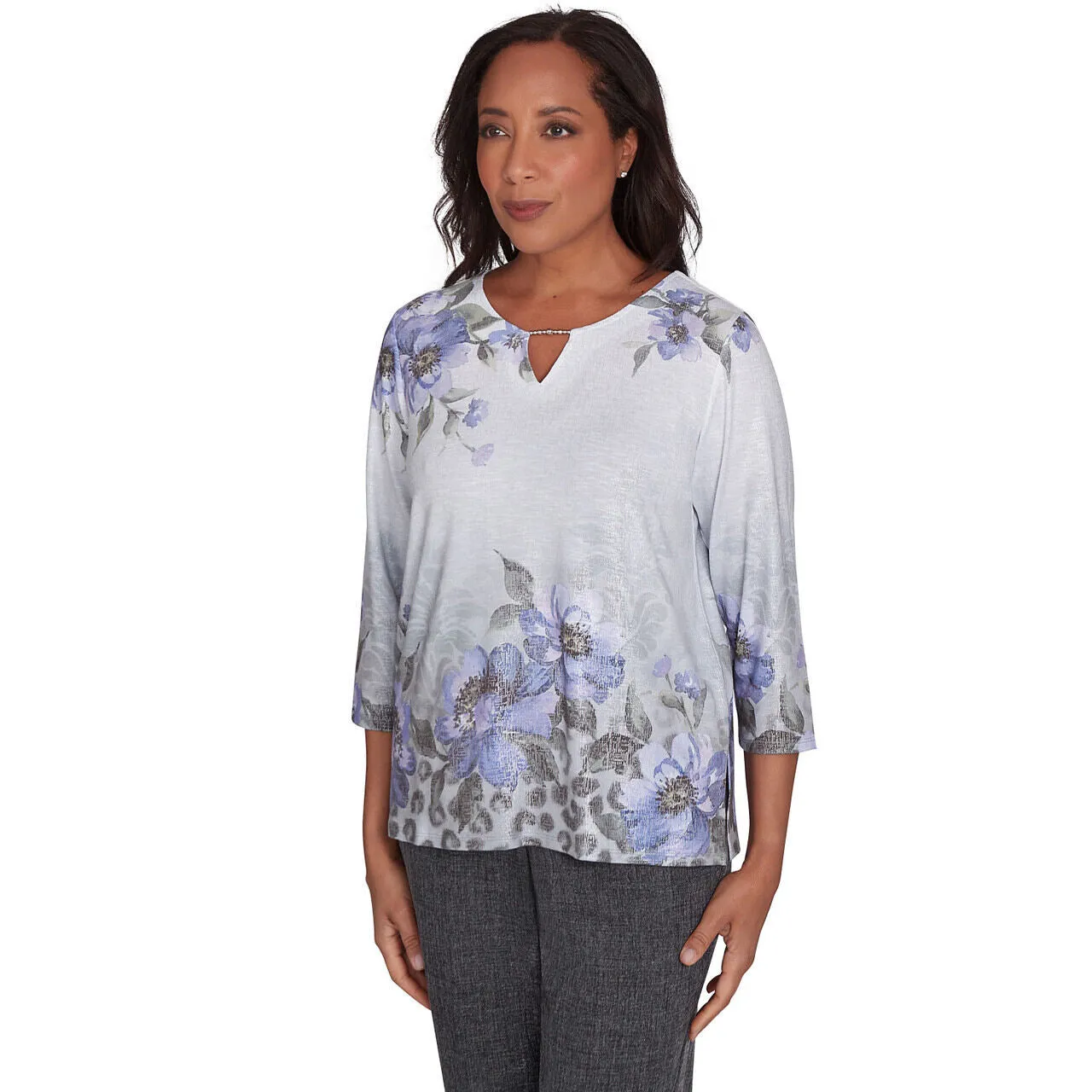 Women's Beaded Split Neck Floral Shimmer Top - 72454