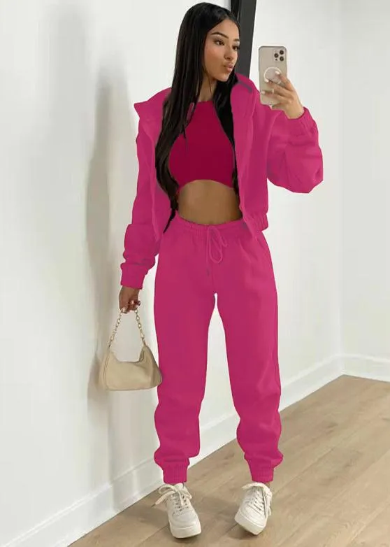 Women's Knitted Casual Sports Fleece Hooded Three-piece Suit  