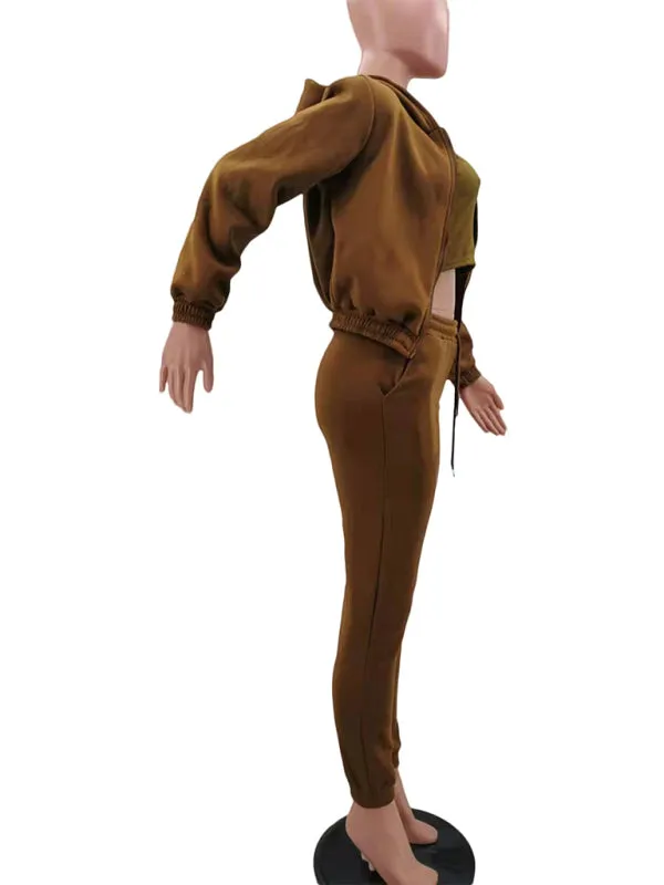 Women's Knitted Casual Sports Fleece Hooded Three-piece Suit  
