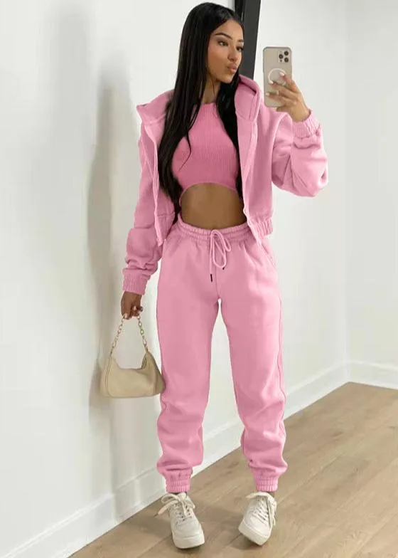 Women's Knitted Casual Sports Fleece Hooded Three-piece Suit  