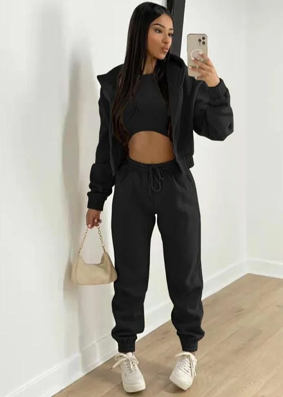 Women's Knitted Casual Sports Fleece Hooded Three-piece Suit  