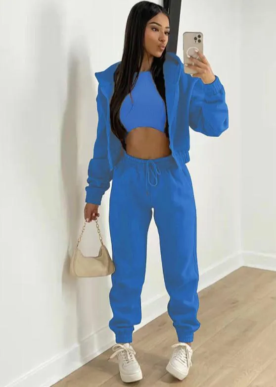 Women's Knitted Casual Sports Fleece Hooded Three-piece Suit  