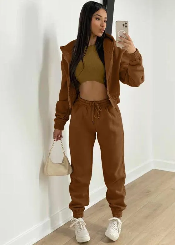 Women's Knitted Casual Sports Fleece Hooded Three-piece Suit  