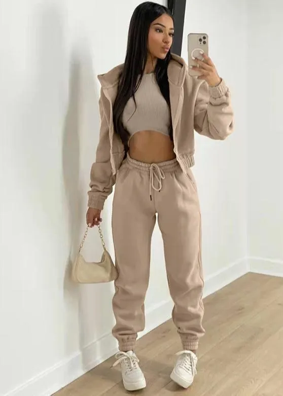 Women's Knitted Casual Sports Fleece Hooded Three-piece Suit  
