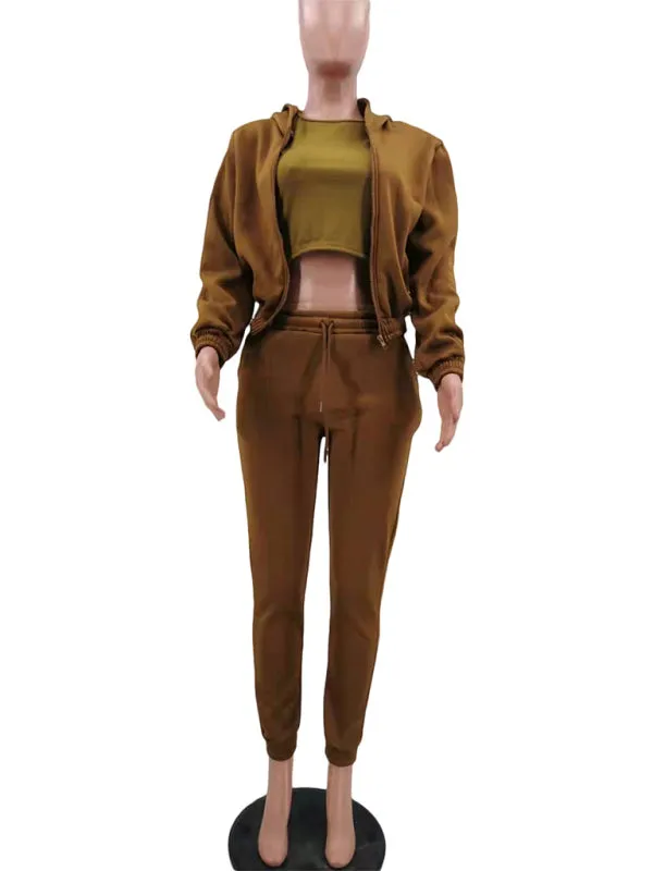 Women's Knitted Casual Sports Fleece Hooded Three-piece Suit  