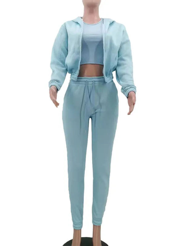 Women's Knitted Casual Sports Fleece Hooded Three-piece Suit  