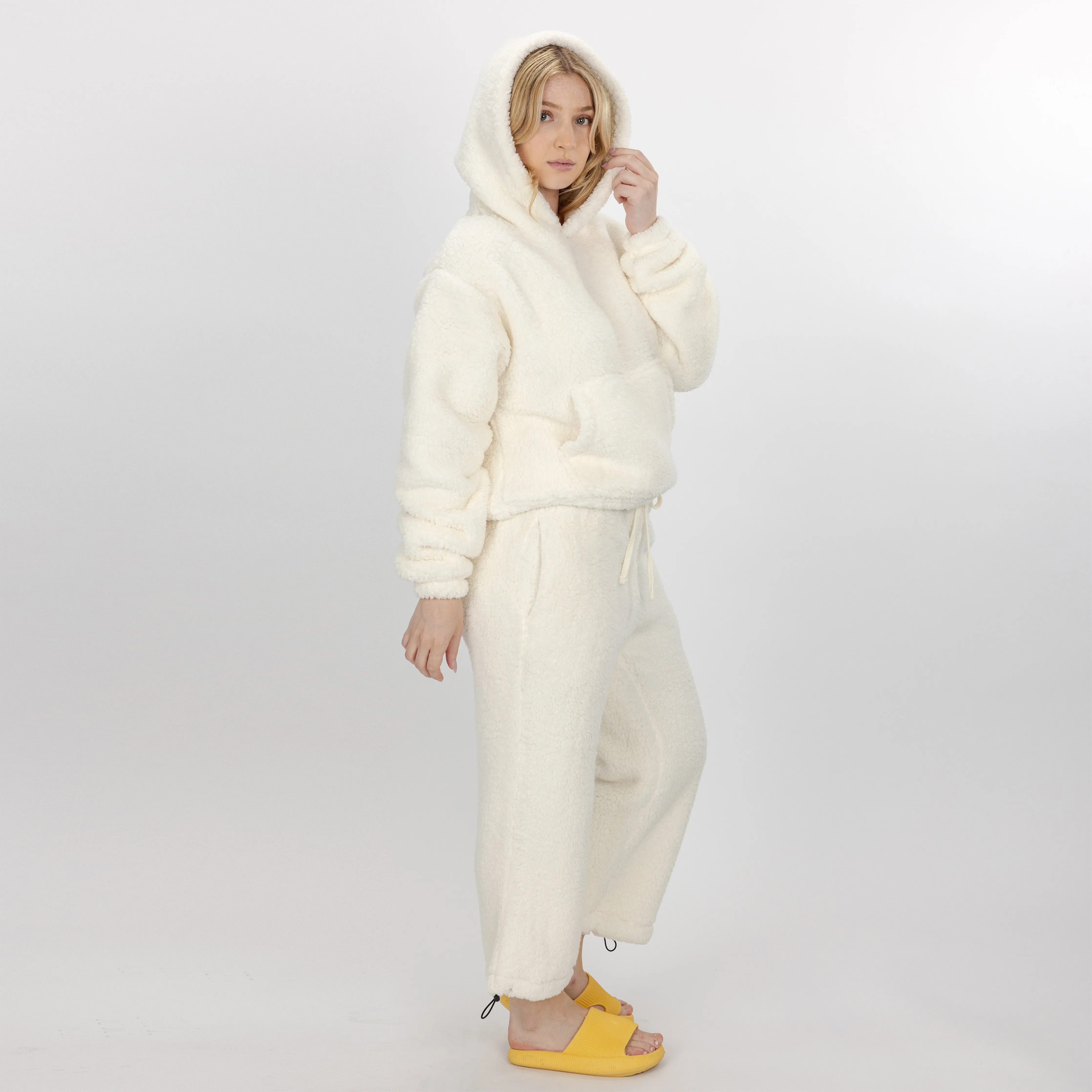 Womens Micro-poly Sherpa Fleece Hoodie - Egret