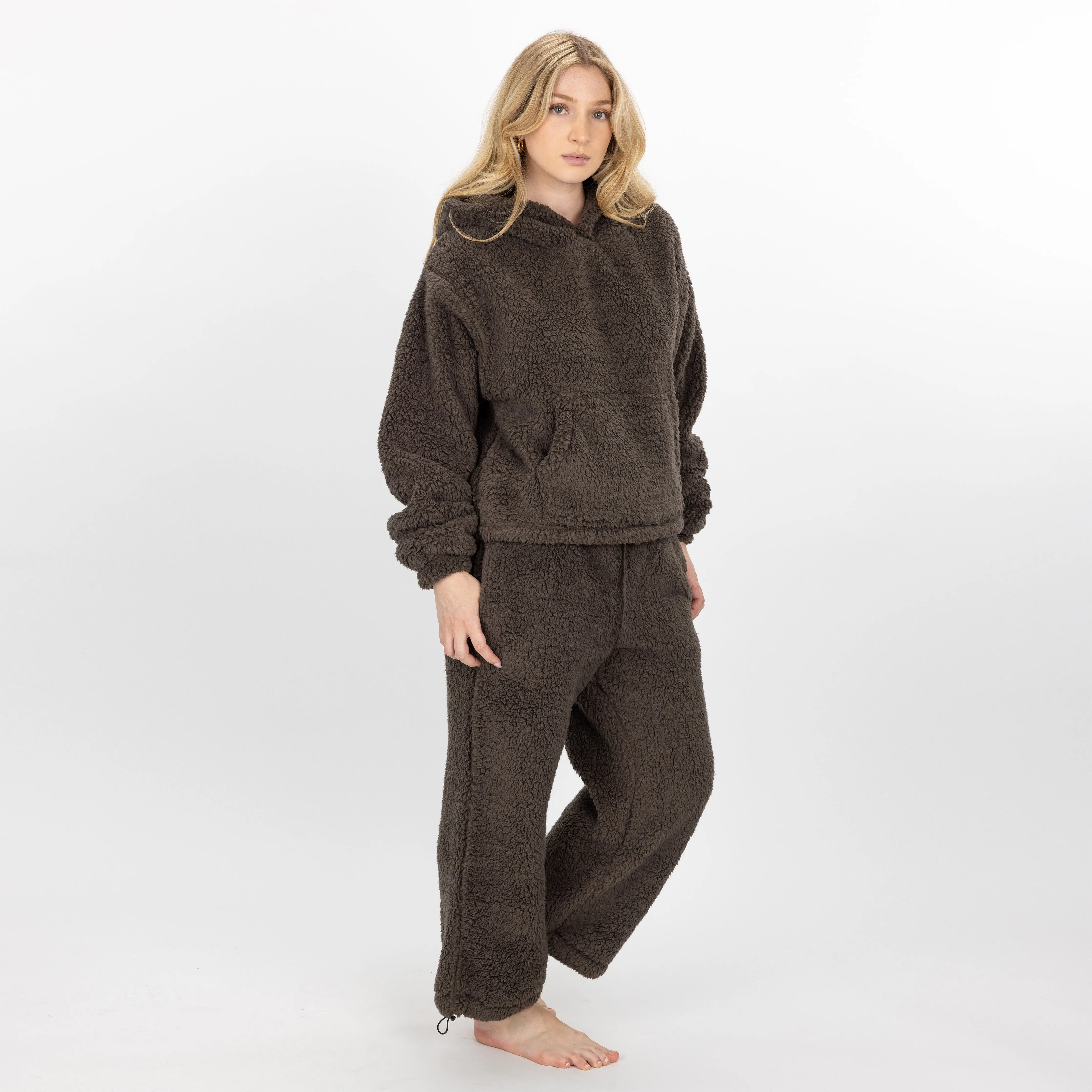 Womens Micro-poly Sherpa Fleece Hoodie - Major Brown