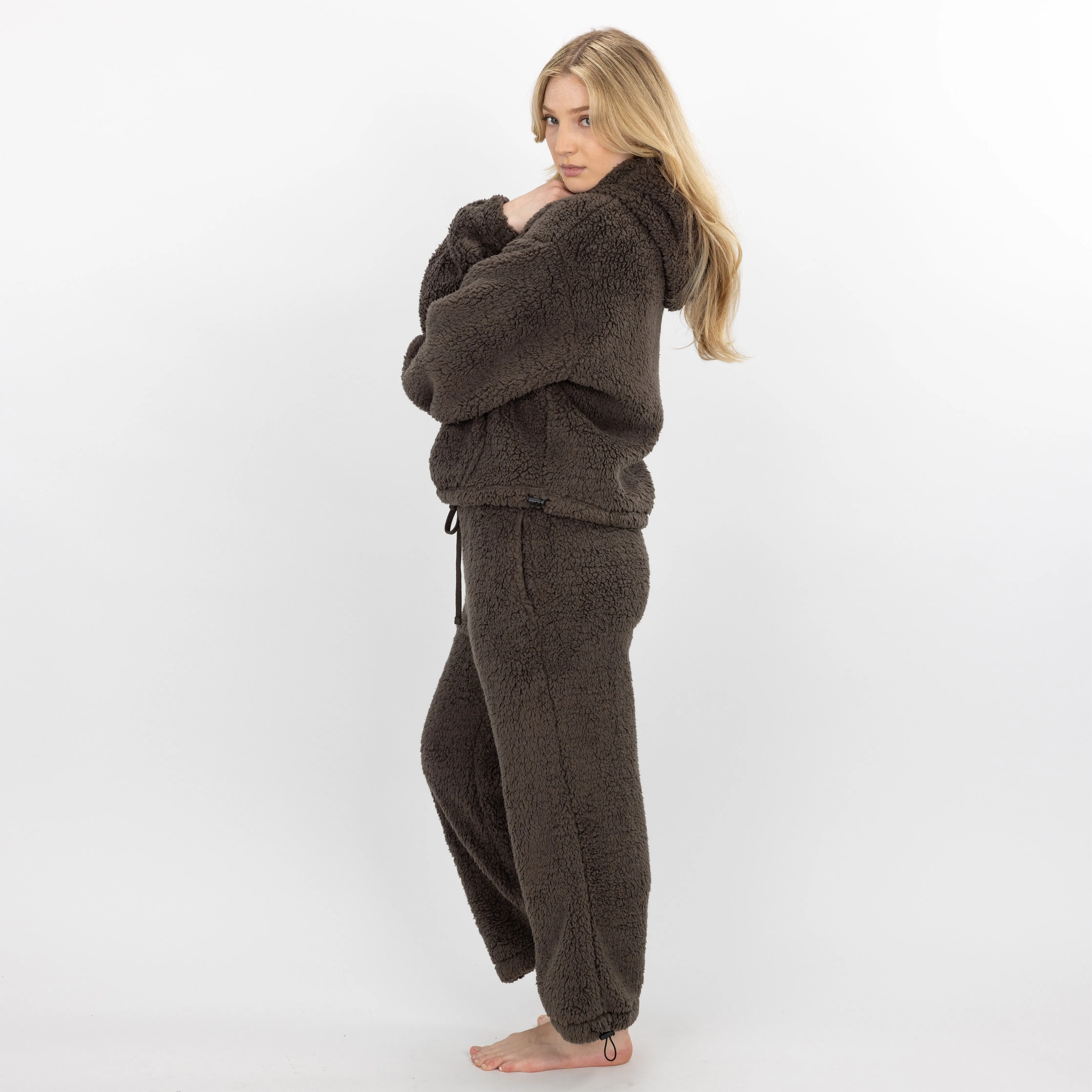 Womens Micro-poly Sherpa Fleece Hoodie - Major Brown