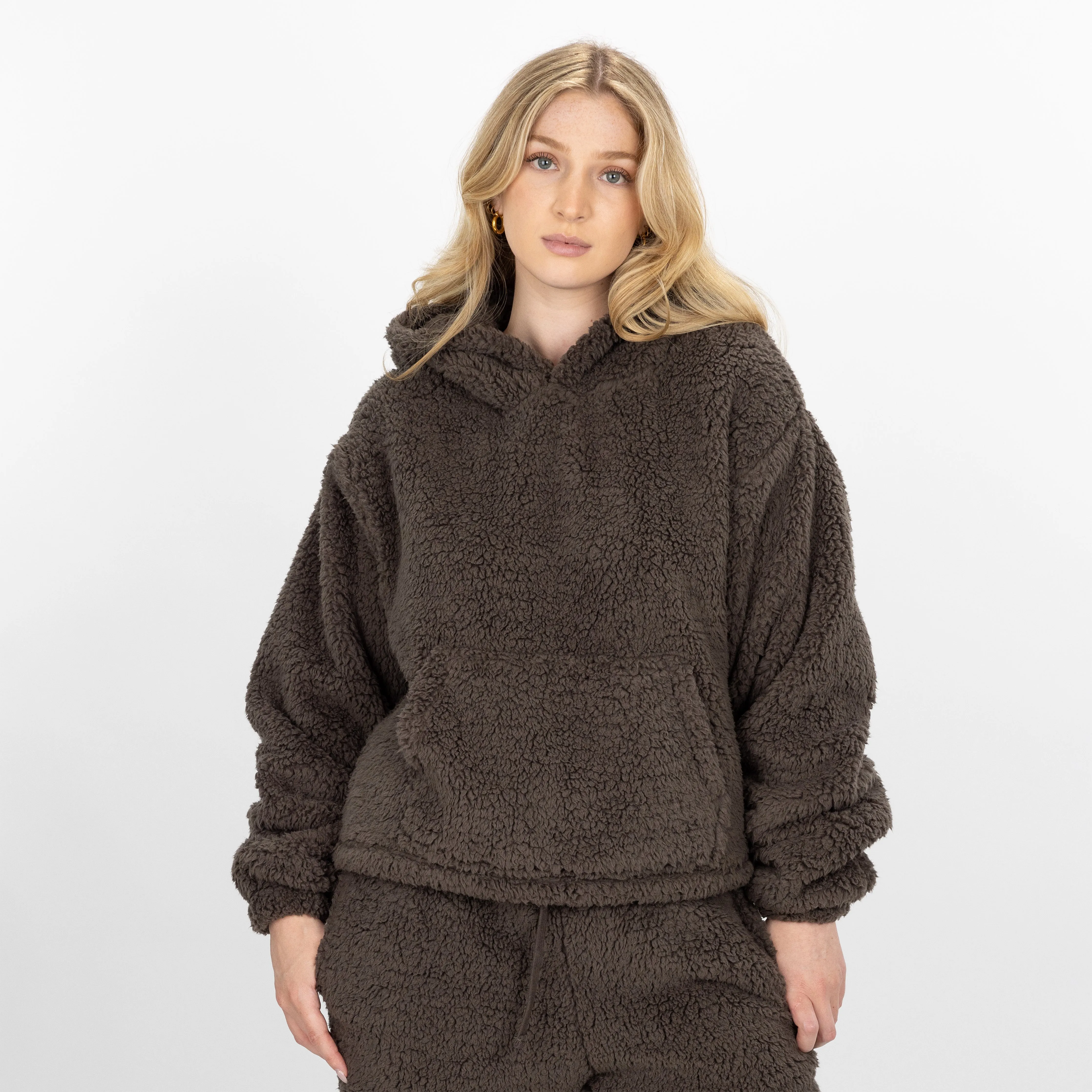 Womens Micro-poly Sherpa Fleece Hoodie - Major Brown