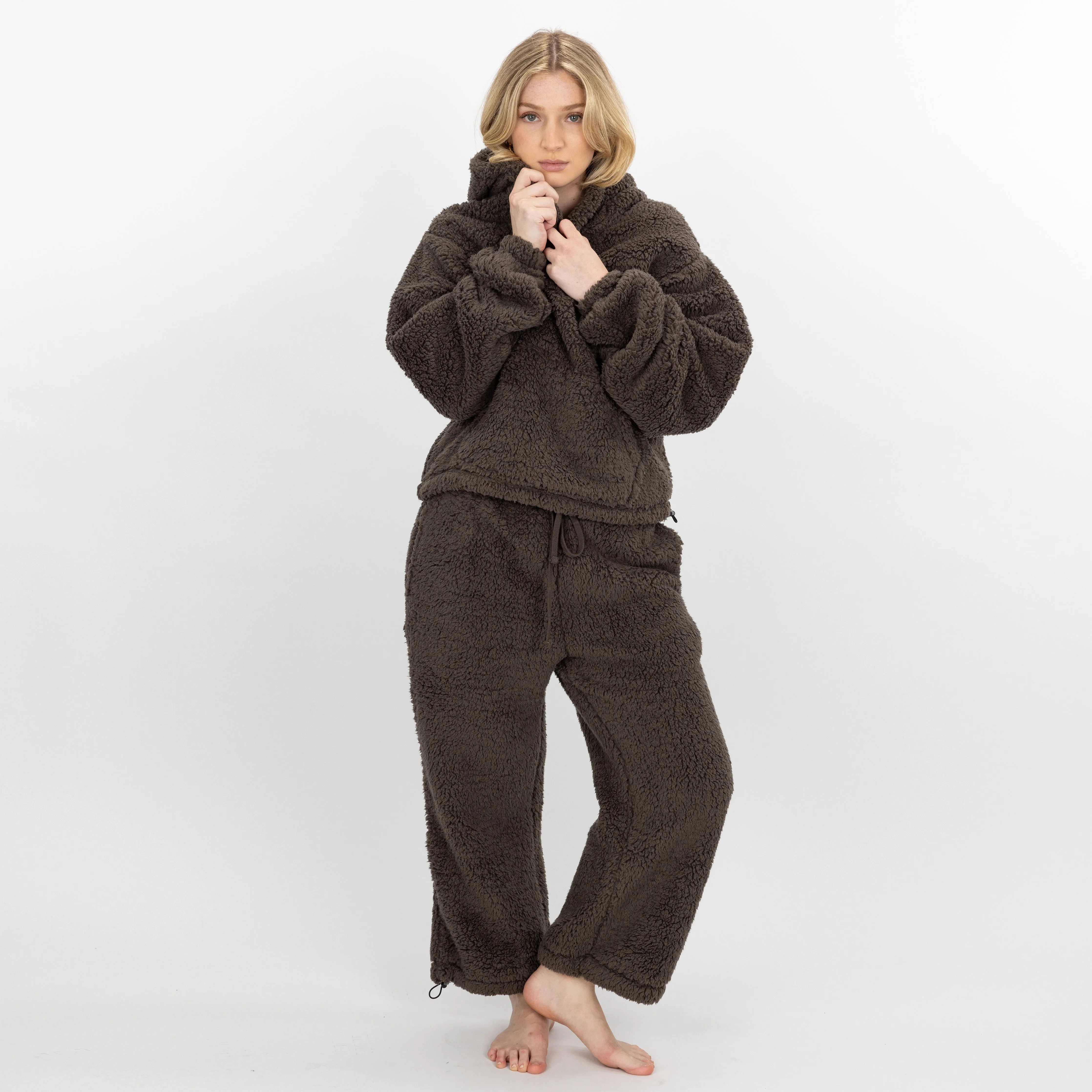 Womens Micro-poly Sherpa Fleece Hoodie - Major Brown