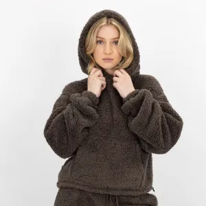 Womens Micro-poly Sherpa Fleece Hoodie - Major Brown