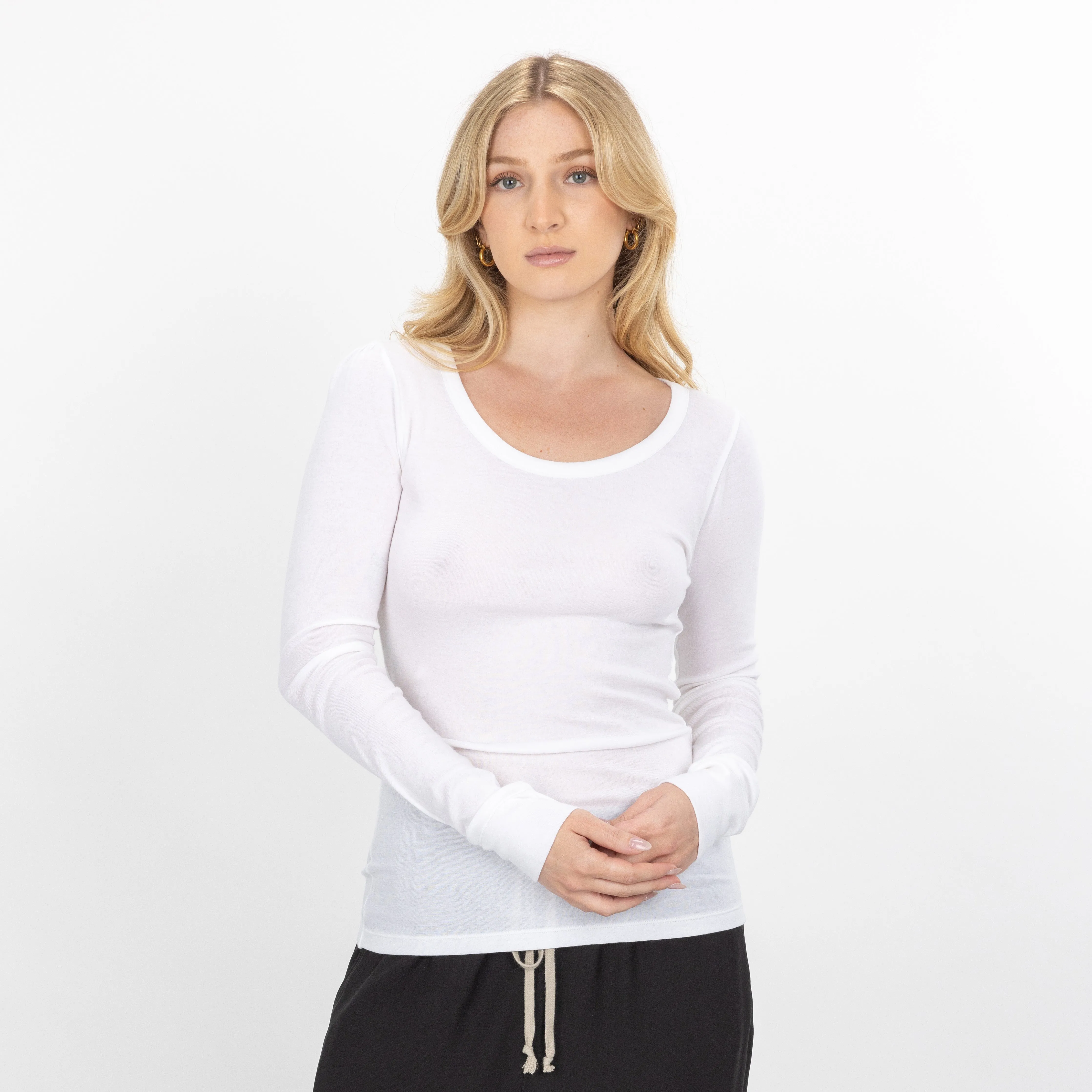 Womens Scoop Neck Long Sleeve Tee - Bright White