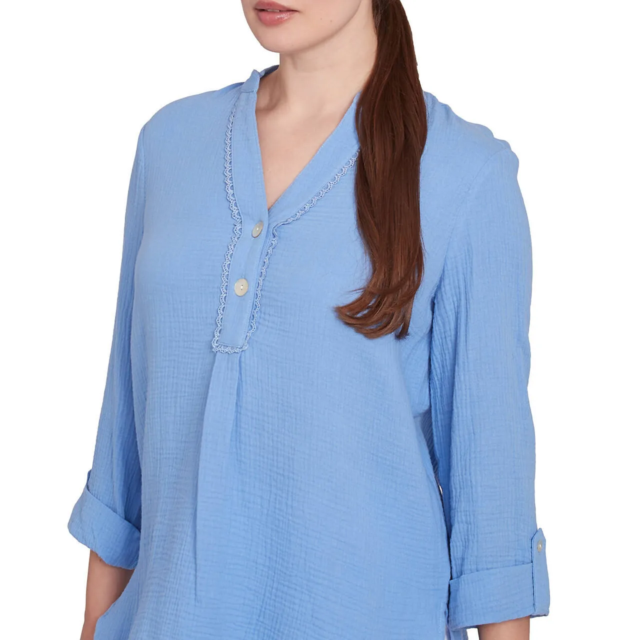 Women's Solid Gauze Roll Tab Sleeve Henley Top - 43441