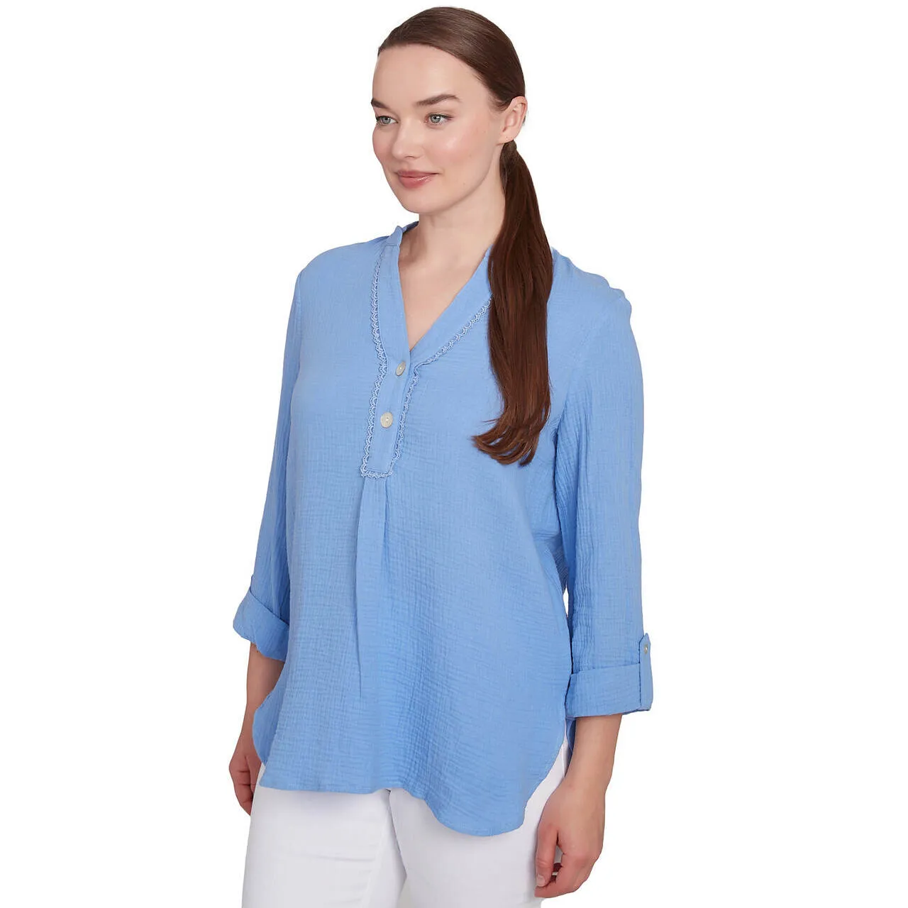 Women's Solid Gauze Roll Tab Sleeve Henley Top - 43441
