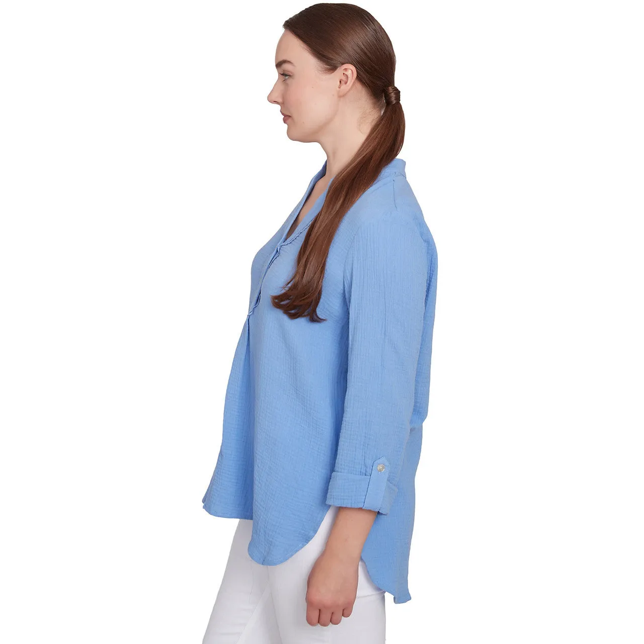 Women's Solid Gauze Roll Tab Sleeve Henley Top - 43441