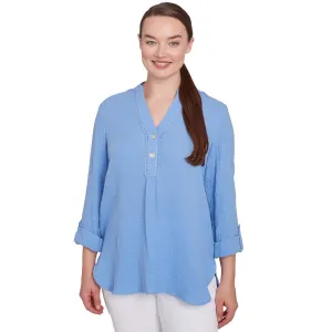 Women's Solid Gauze Roll Tab Sleeve Henley Top - 43441