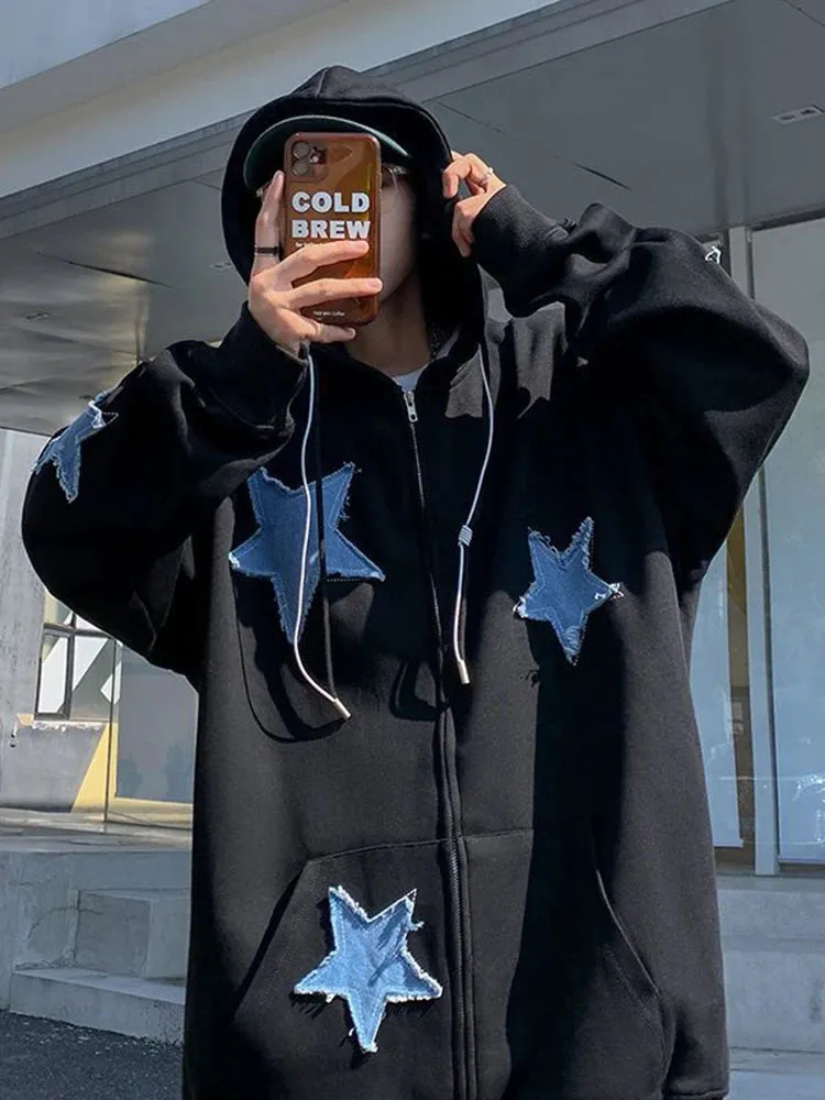 Y2k Hip Hop Women's Star Patch Zip Up Hoodie for Women Oversized Sweatshirt Jacket E-Girl 90s Pullover Gothic Streetwear