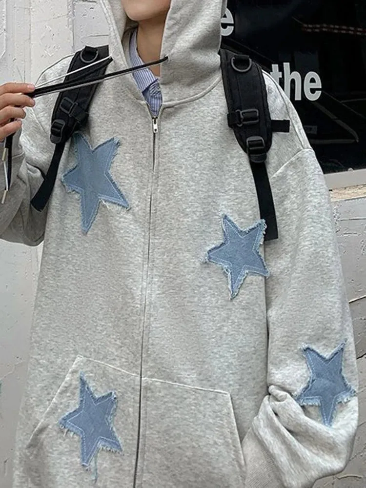 Y2k Hip Hop Women's Star Patch Zip Up Hoodie for Women Oversized Sweatshirt Jacket E-Girl 90s Pullover Gothic Streetwear