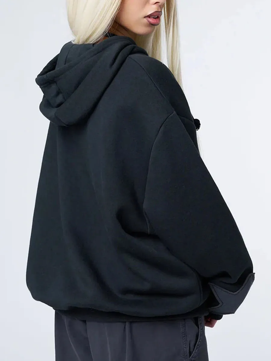 Y2K Vintage Star Print Hooded Hoodie for Women Casual Loose Long Sleeve Zip Up Drawstring Sweatshirts Autumn Spring Coat Street